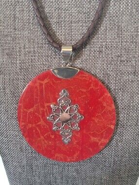 Vintage 925 Silver Boho Red Sponge Coral Disc Filigree Statement Pendan